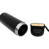 A drink bottle in sleek black with a bamboo lid, featuring a metallic finish and a removable cap.