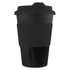 A drink bottle in a sleek black design with a textured sleeve and lid, featuring a logo.
