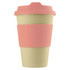A reusable coffee cup in beige with a pink silicone sleeve and lid, featuring a logo.