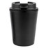 A reusable coffee cup in matte black featuring a lid with a drinking opening. It has a logo.