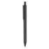 A black plastic pen with a clip and a fine tip, featuring a logo on its body.