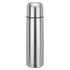 A drink bottle in stainless steel with a sleek, cylindrical design and a rounded cap, featuring a logo.
