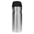 A travel mug in stainless steel with a black lid and a sleek, curved design. It features a logo.