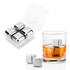 A drink bottle with whiskey cubes. The set includes four stainless steel ice cubes in a plastic case.