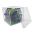 A clear cube container filled with green and purple jelly beans, partially open.