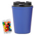 A drink bottle in a deep blue colour with a black lid, accompanied by a bag of colourful jelly beans.