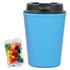 A drink bottle in vibrant blue with a black lid, accompanied by a pack of colourful jelly beans.