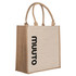 A reusable grocery bag in cream and brown with handles and a logo on the front.