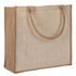 A reusable grocery bag in natural jute with tan handles and a simple design. It features a branding logo.
