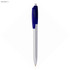 A dark blue plastic pen with a silver barrel and a blue grip, featuring a logo on the side.