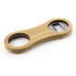 A drink bottle opener key ring made of bamboo and stainless steel, featuring two circular openings and a logo.