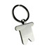 A silver key ring shaped like a little character, featuring a smooth, shiny finish and a circular attachment.