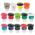 A collection of multi-coloured drink bottles with black lids, each featuring varying branding, in a grid layout.