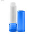 A light blue lip balm stick with a white balm inside and a matching blue cap. It features a logo on the container.