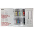 A display of various pens in multiple colours, arranged neatly in a promotional packaging with a branding logo.