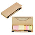 A brown memo holder containing sticky notes in various pastel colours and a black pen, with a ruler on top.