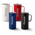 A drink bottle set featuring four travel mugs in white, red, blue, and black, each with a handle and a lid.