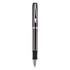 A metal pen in sleek silver with a black grip. The pen features a shiny finish and has a branding logo.