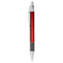 A metal pen in a glossy red finish with silver accents and a textured grip. It features a branding logo.