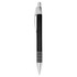 A black metal pen with chrome accents, featuring a textured grip and a clip. It has a branding logo.