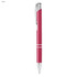 A pink metal pen with silver accents and a clip, featuring a sleek design and a logo.
