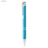 A light blue metal pen with a silver clip and trim details, featuring a branding logo.