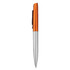 A metal pen with an orange upper section and a silver lower section. The pen features a clip and branding.