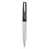 A metal pen in silver and black with a sleek design and a logo on the barrel.