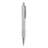 A metal pen in silver with a sleek design and dotted grip, featuring a clip and a shiny tip.