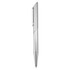 A silver metal pen with a sleek design and a clip, featuring a textured grip and a prominent branding logo.
