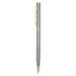A metal pen in a sleek silver finish with gold accents and a clip, featuring a logo.
