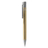 A metal pen with a sleek gold body and silver accents, featuring a clip and a shiny finish.