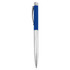 A metal pen featuring a blue grip and silver accents, with a logo on its body.