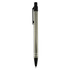 A metal pen in a sleek silver finish with black accents and a clip, featuring a logo.