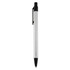 A metal pen in silver with a black grip and clip, featuring a logo on the barrel.