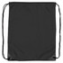 A black nylon backsack with drawstring closure and reinforced corners, featuring a branding logo.