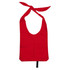 A red nylon sling bag with open handles and a tie closure at the top, featuring a branding logo.