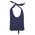 A navy nylon sling bag with open handles, featuring a knotted tie at the top and a logo.