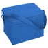 A blue nylon cooler bag with a zip closure and a shoulder strap, featuring a front pocket and a branding logo.