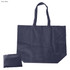 A navy blue nylon foldaway shopping bag, displayed opened and folded into a compact size. It includes handles and has a logo.