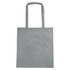 A grey non-woven tote bag with a V gusset and long handles, featuring a simple logo.