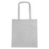 A grey non-woven tote bag with long handles and no gusset, featuring a logo.