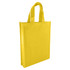 A yellow non-woven tote bag with two handles and a blank surface, featuring a logo on one side.