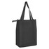 A black non-woven cooler bag with a top zip closure and sturdy handles, featuring a logo.