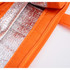 An orange non-woven cooler bag with a top zip closure and insulated silver lining. It features a branded logo.