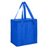 A blue non-woven cooler bag with a zipped lid and sturdy handles. It features a logo.