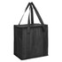 A black non-woven cooler bag with a zipped lid and two sturdy handles. It features a logo on one side.