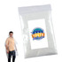 A clear poncho is displayed, packaged in a plastic bag, with a logo featured on the front.