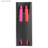 A double paper pen sleeve in black, featuring two slots for pens in pink and red. Includes a logo.