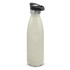 A drink bottle in a light grey colour with a black push button lid. It features a sleek, curved design and a logo.